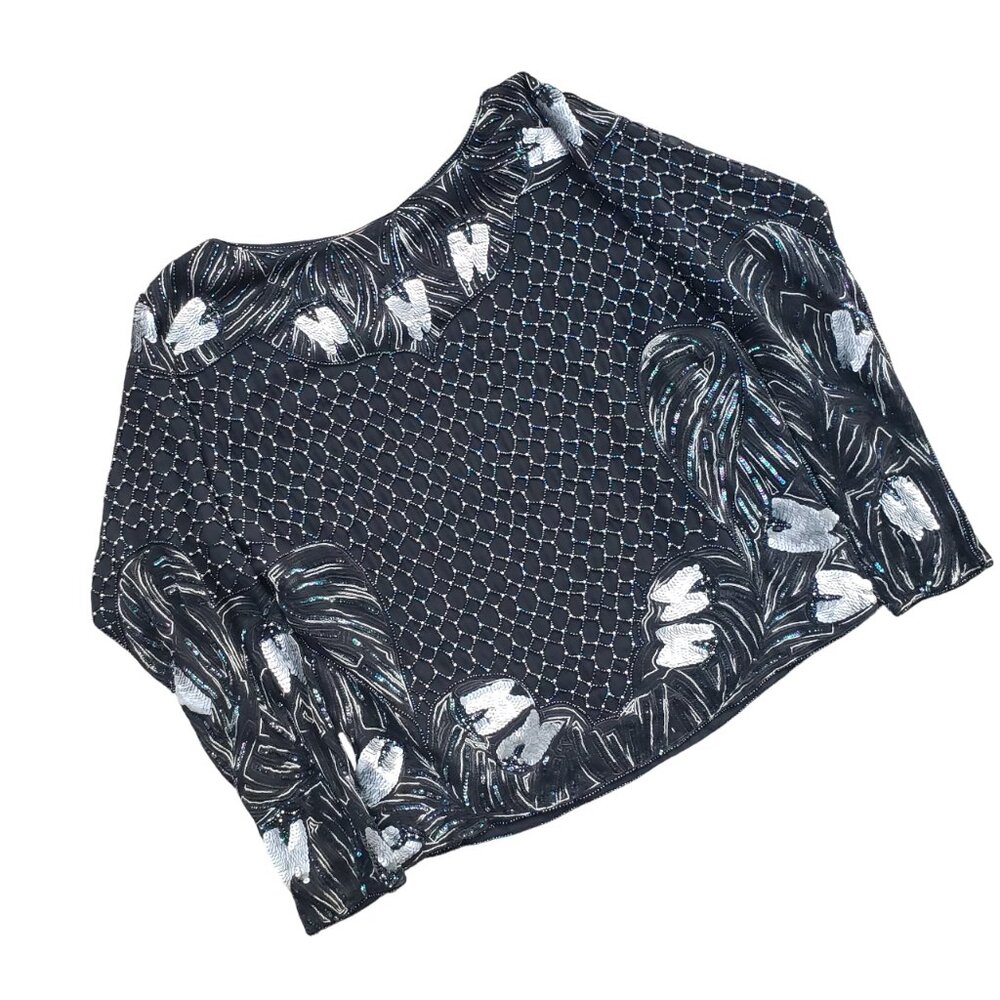 Heavily Beaded Sequined Silk Blouse Black